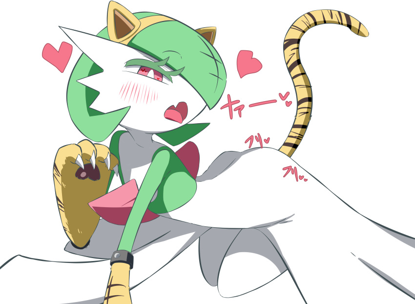 &lt;3 absurd_res beckoning bedroom_eyes bent_over blush claws fake_ears fake_tail female gardevoir gesture green_body green_hair hair hi_res humanoid japanese_text kneeling m3_(pixiv) narrowed_eyes nintendo open_mouth pok&eacute;mon pok&eacute;mon_(species) red_eyes seductive simple_background solo text tongue tongue_out video_games white_background white_body