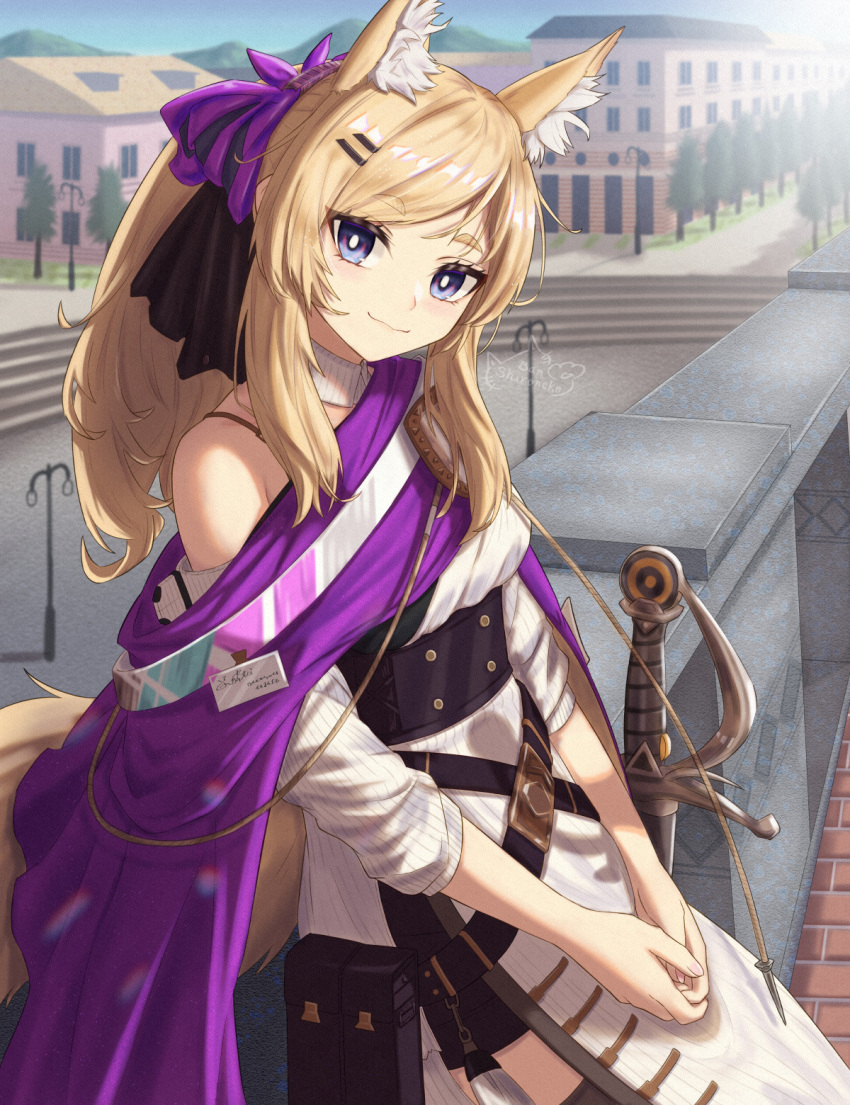 1girl animal_ear_fluff animal_ears arknights bangs blonde_hair blue_eyes closed_mouth dress hair_ornament hairclip highres horse_ears horse_girl horse_tail long_hair looking_at_viewer official_alternate_costume outdoors shironekoban sitting smile solo swept_bangs tail whislash_(arknights) whislash_(glory_purple)_(arknights) white_dress