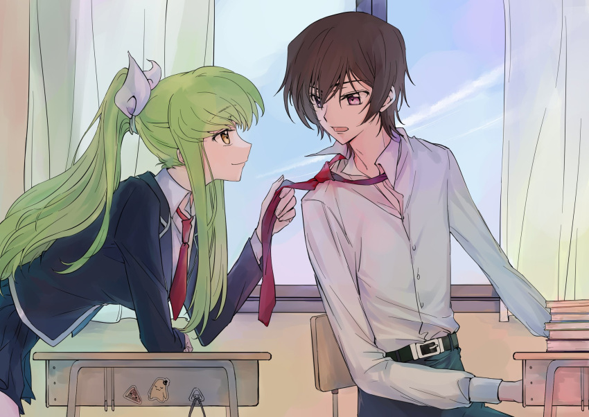 1boy 1girl belt black_dress book c.c. chair cheese-kun code_geass curtains desk dress food highres lelouch_lamperouge necktie okuseric open_mouth pizza red_necktie shirt sky smile sticker table white_headwear white_shirt window