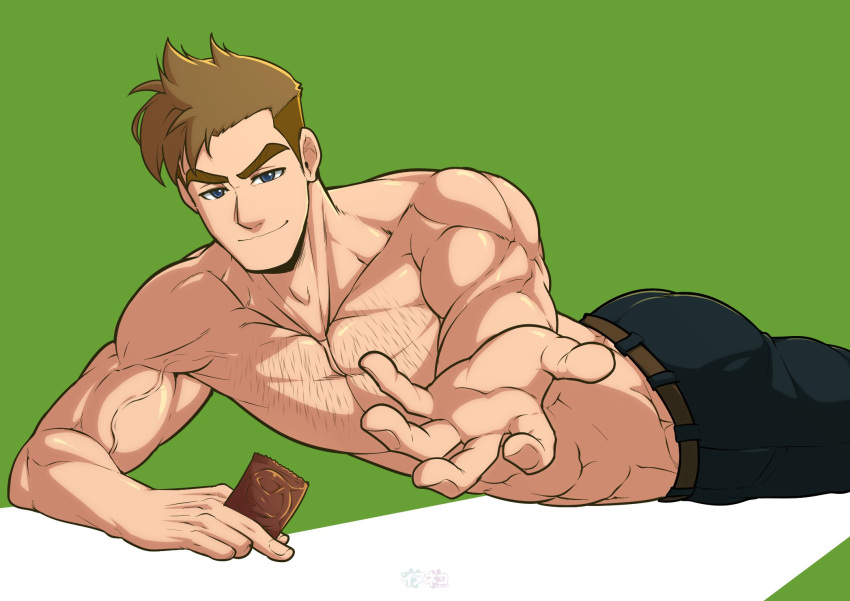 1boy abs bara brown_hair commentary_request feet_out_of_frame highres inunekostudio large_pectorals light_brown_hair male_focus muscular muscular_male pectorals q-force short_hair sideburns smile solo steve_maryweather undercut