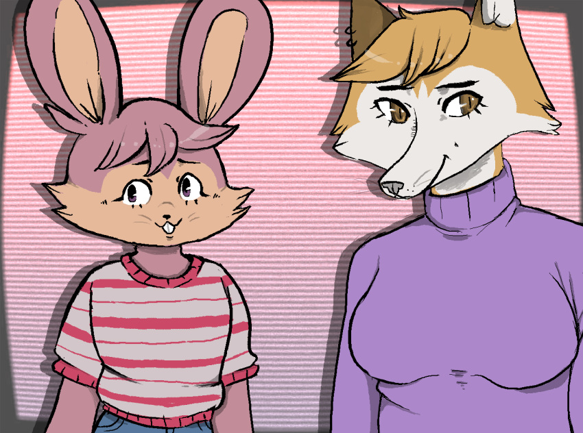 2021 alekoin anthro canid canine clothing digital_drawing_(artwork) digital_media_(artwork) duo female fox fur girly lagomorph leporid male male/female mammal pattern_clothing pink_body pink_fur purple_clothing rabbit striped_clothing stripes sweater topwear turtleneck