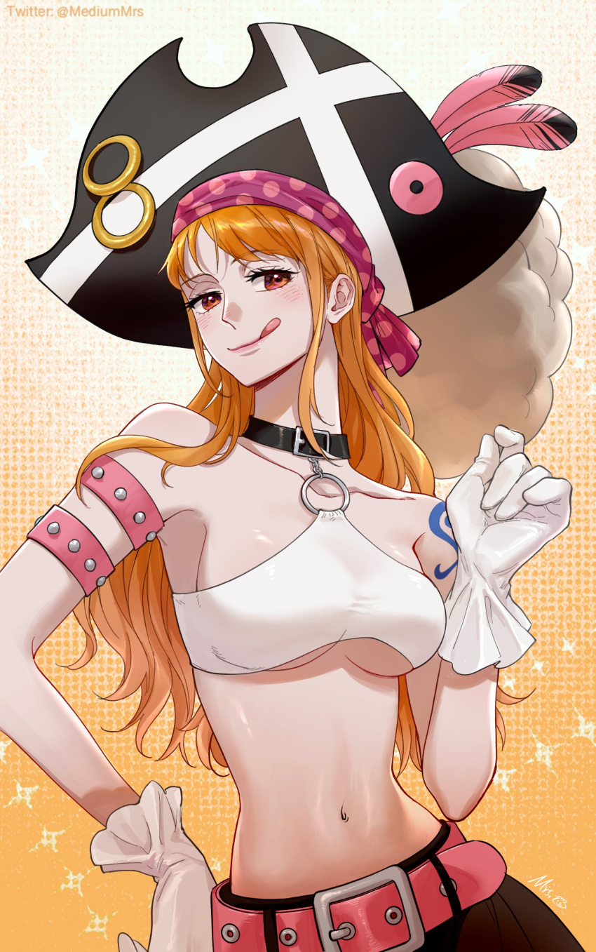 1girl :p absurdres belt black_skirt breasts choker crop_top gloves hat highres large_breasts long_hair looking_at_viewer midriff mrs.custard nami_(one_piece) navel one_piece one_piece:_film_red orange_eyes orange_hair pink_belt pirate pirate_hat skirt smile solo tattoo tongue tongue_out underboob white_gloves