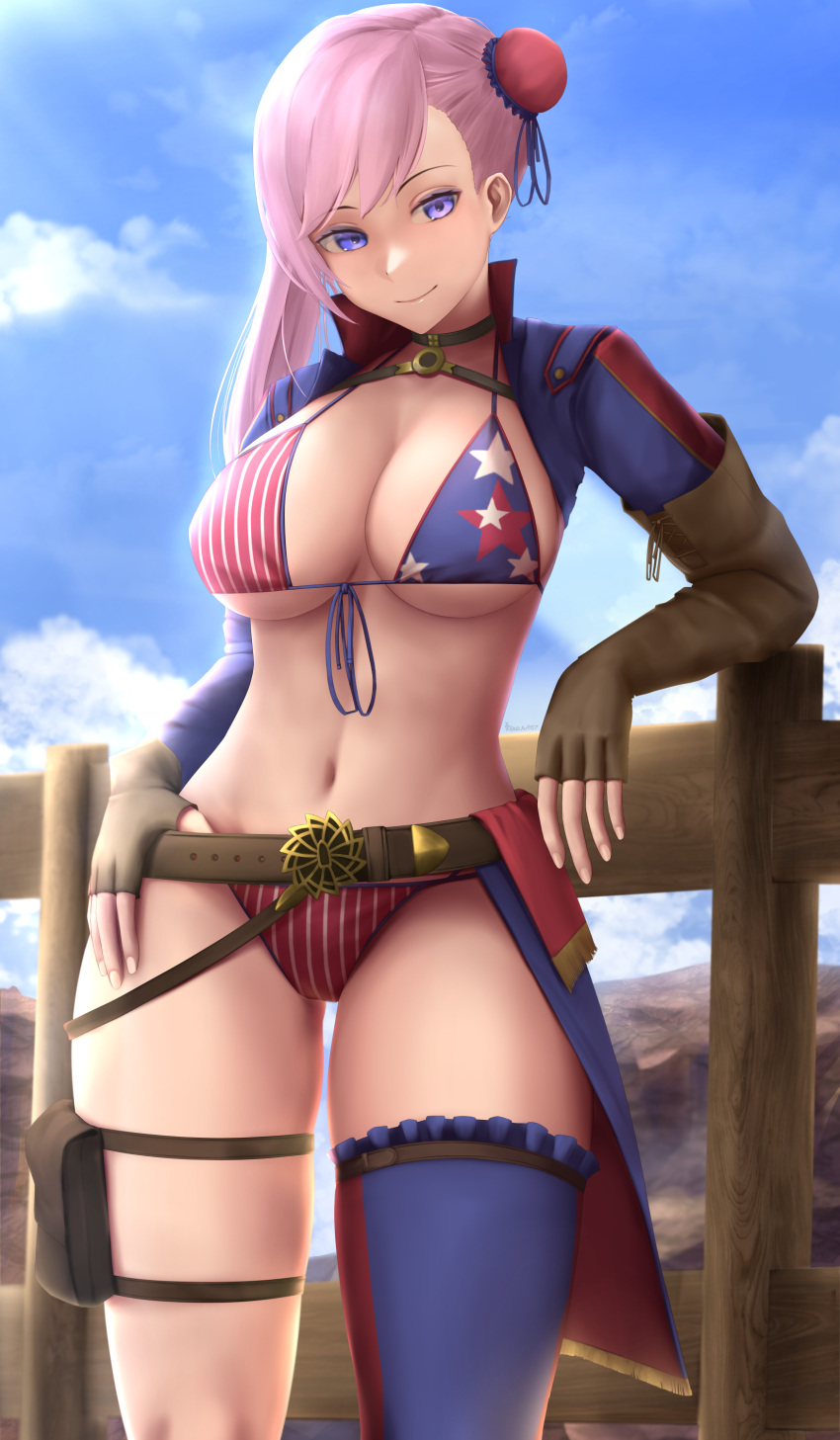 1girl absurdres american_flag_bikini asymmetrical_gloves bangs bikini blue_eyes blue_jacket blue_sky blush breasts brown_gloves bun_cover choker cleavage collarbone cropped_jacket eko.art fate/grand_order fate_(series) fingerless_gloves flag_print gloves hair_bun hair_ribbon highres jacket large_breasts long_hair long_sleeves looking_at_viewer miyamoto_musashi_(fate) miyamoto_musashi_(swimsuit_berserker)_(fate) navel pink_hair ribbon shrug_(clothing) side_bun sky smile solo swept_bangs swimsuit thighhighs thighs