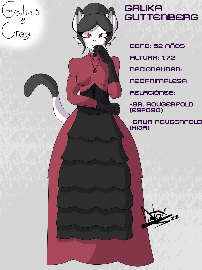 3:4 absurd_res anthro black_body black_fur black_hair clothed clothing domestic_cat dress felid feline felis female firenox1559 fur galika_guttenberg(firenox1559) hair hi_res looking_at_viewer mammal mature_female pink_nose red_eyes simple_background smile solo standing white_body