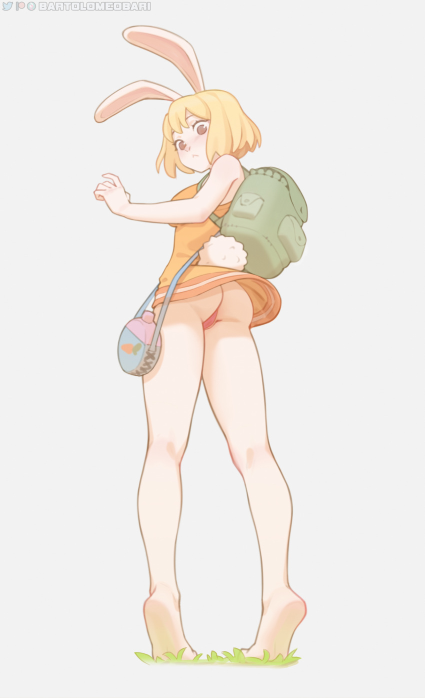 1girl :&lt; animal_ears artist_name ass backpack bag bare_arms bare_legs bare_shoulders barefoot bartolomeobari blonde_hair brown_eyes carrot_(one_piece) commentary dress english_commentary from_behind full_body grey_background highres looking_at_viewer looking_back no_pupils one_piece orange_dress panties rabbit_ears rabbit_girl rabbit_tail red_panties short_dress short_hair simple_background solo tail tiptoes underwear