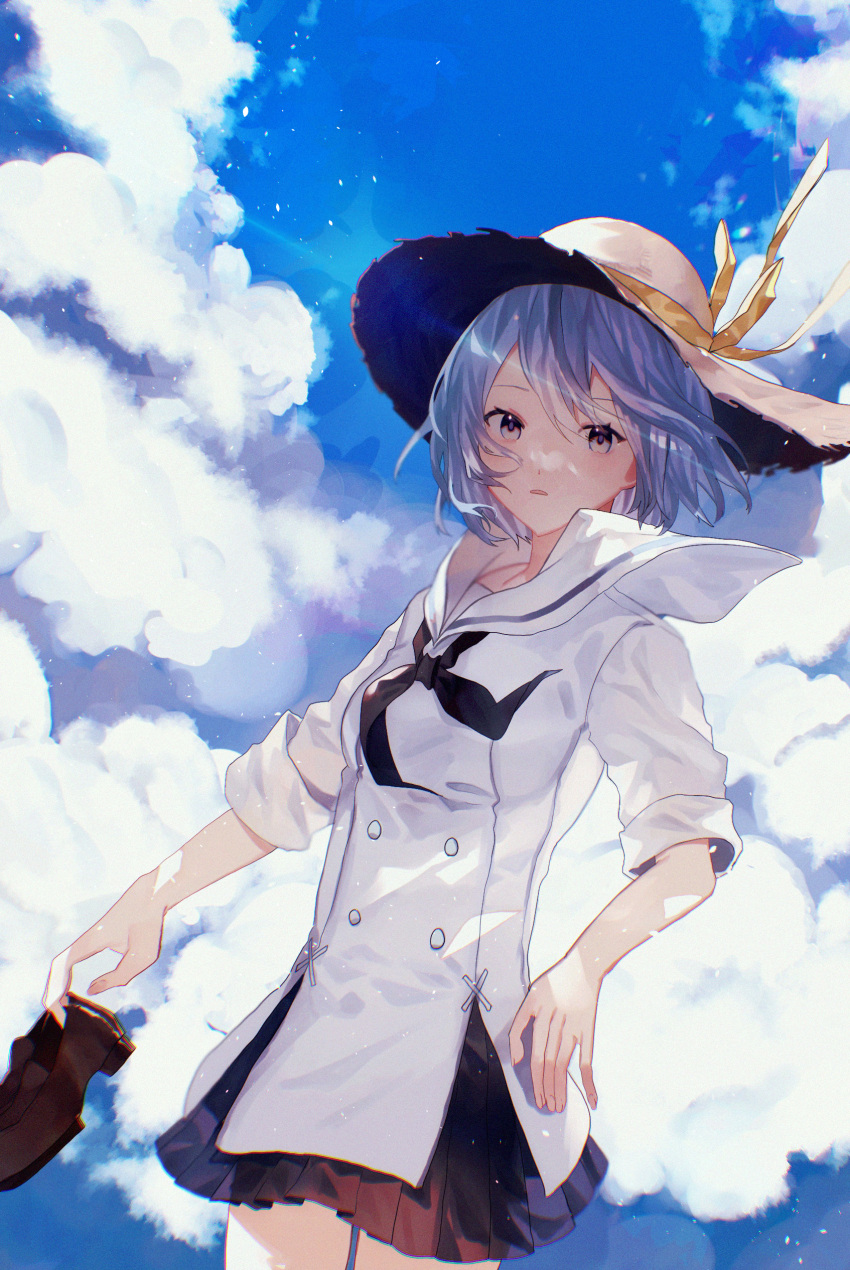1girl absurdres bangs black_neckerchief black_skirt blue_eyes blue_hair blue_sky breasts brown_footwear cloud cloudy_sky commentary_request cowboy_shot dutch_angle hair_between_eyes hat hat_ribbon highres holding holding_clothes holding_footwear iwai_ku_tsuki light_rays looking_at_viewer neckerchief open_mouth original outdoors pleated_skirt ribbon sailor_collar short_hair skirt sky sleeves_folded_up small_breasts solo white_headwear white_sailor_collar yellow_ribbon