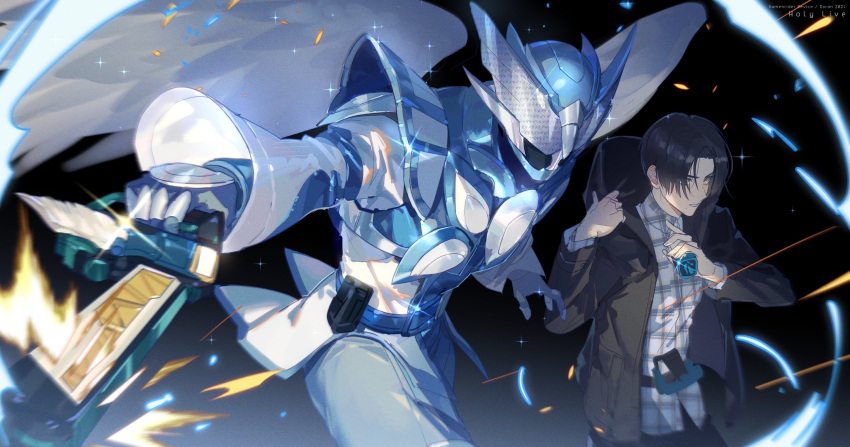 1boy angel_wings armor arms_at_sides belt black_pants blue_background blue_bodysuit blue_headwear bodysuit brown_eyes commentary doran7280 dual_persona feathered_wings flying glowing helmet henshin highres holy_live igarashi_daiji kamen_rider kamen_rider_live kamen_rider_revice livegun male_focus pants shirt shoulder_armor simple_background sketch solo spoilers standing transformation two_sidriver white_feathers white_shirt white_wings wing_genome wings