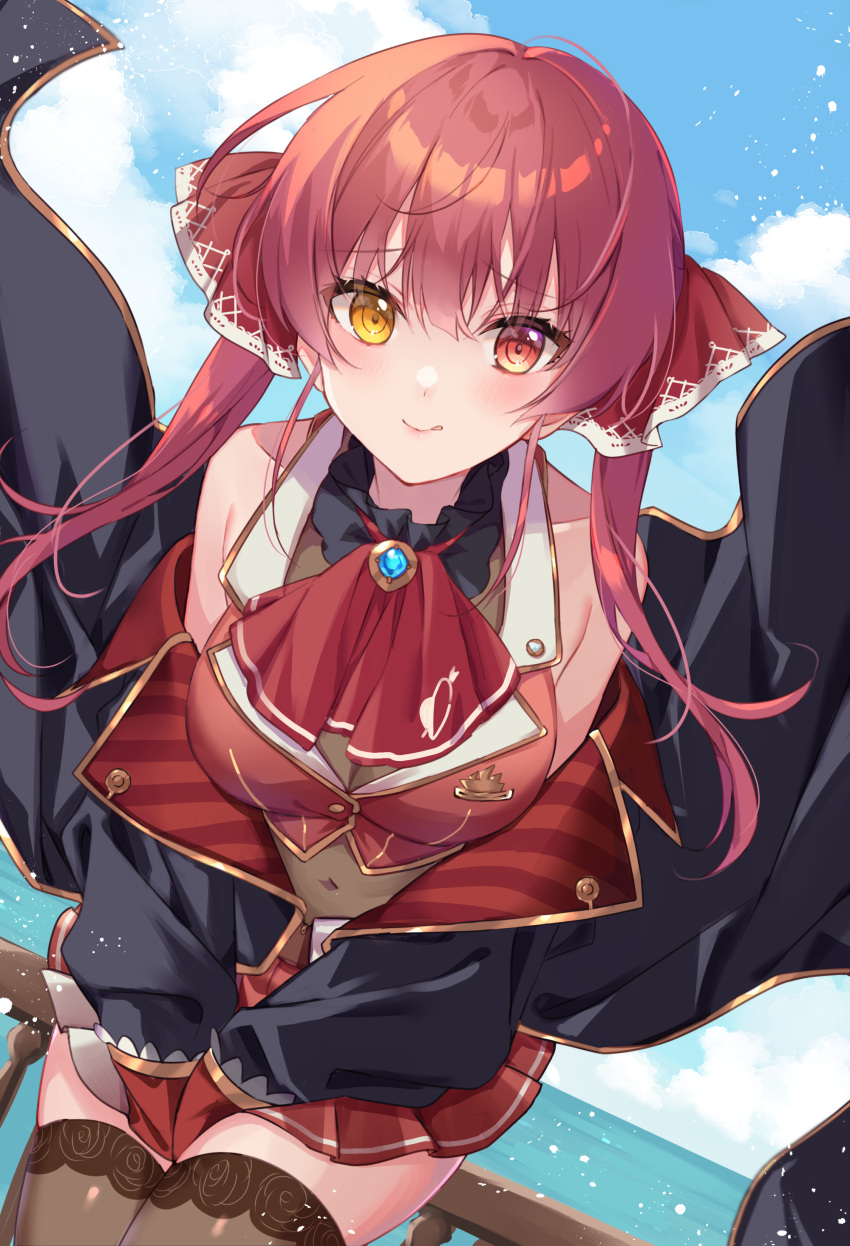 1girl absurdres ascot bangs bare_shoulders belt black_choker black_coat black_legwear blush bodystocking breasts brooch brown_belt choker closed_mouth coat covered_navel covering covering_crotch cropped_jacket frilled_choker frilled_shirt_collar frills gold_trim hair_ribbon heterochromia highres hololive houshou_marine jacket jewelry lace-trimmed_legwear lace_trim large_breasts leather_belt leotard leotard_under_clothes long_hair looking_at_viewer miniskirt miyakoto off_shoulder pleated_skirt red_ascot red_eyes red_hair red_jacket red_ribbon red_skirt ribbon see-through_leotard skirt sleeveless sleeveless_jacket solo thighhighs twintails virtual_youtuber yellow_eyes