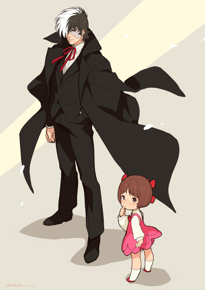 1boy 1girl black_coat black_hair black_jack_(character) black_jack_(series) black_pants black_suit black_vest brown_eyes brown_hair closed_mouth coat dress formal highres kotatsu_(g-rough) long_sleeves looking_at_viewer multicolored_hair neck_ribbon pants patchwork_skin pink_dress pinoko red_ribbon ribbon shirt socks standing suit two-tone_hair vest white_hair white_legwear white_shirt