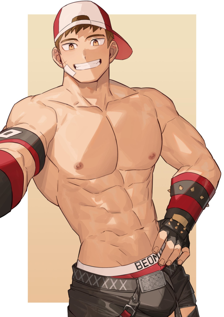 1boy abs armband bandaid bandaid_on_face bara belt beom_liben biceps brown_hair gauntlets gloves hand_on_hip hat highres large_pectorals leather leather_pants looking_at_viewer male_focus male_underwear navel nipples original pants pectorals scar scar_on_face smile solo spiked_hair thick_arms topless topless_male torn_clothes torn_pants underwear yellow_eyes