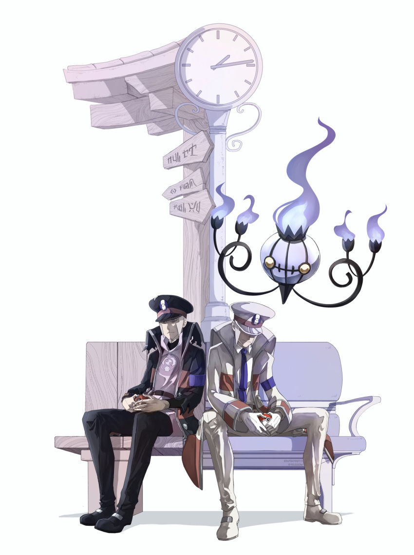 2boys black_coat black_headwear brothers chandelure coat commentary dotdotdot72 emmet_(pokemon) gloves grey_eyes grey_hair hat highres ingo_(pokemon) male_focus multiple_boys necktie pants peaked_cap pokemon pokemon_(anime) pokemon_(creature) pokemon_(game) pokemon_bw pokemon_bw2 pokemon_bw_(anime) pokemon_legends:_arceus shirt short_hair siblings sideburns twins white_coat white_gloves white_headwear white_shirt