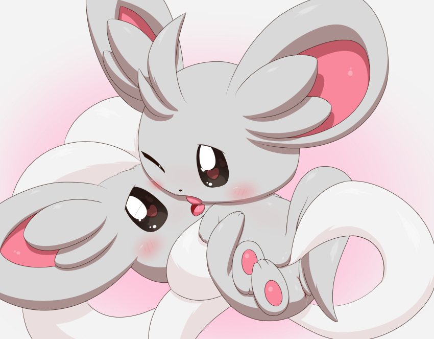 &lt;3 &lt;3_eyes blush bodily_fluids cinccino evolutionary_family female female_on_bottom female_on_top french_kissing fur genital_fluids genitals gradient_background grey_body grey_fur hi_res inner_ear_fluff kissing lying mammal minami_(artist) minccino nintendo on_back on_bottom on_front on_top pawpads pink_pawpads pok&eacute;mon pok&eacute;mon_(species) pussy pussy_juice rubbing_pussy sex simple_background tail_fetish tail_play tail_sex tailjob tongue tongue_out tuft video_games white_body white_fur