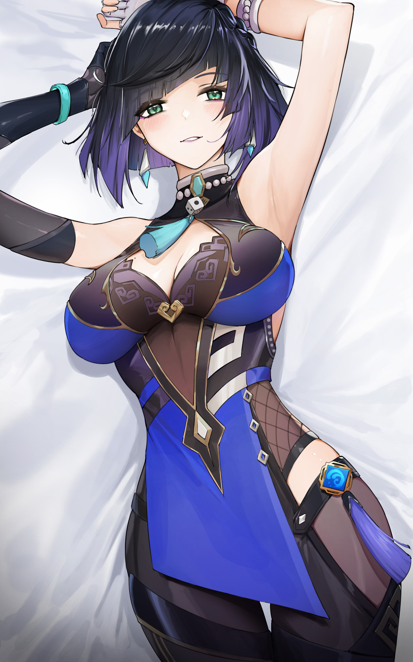 1girl absurdres armpits arms_up asymmetrical_gloves bangs bare_shoulders bed_sheet black_gloves black_hair blunt_bangs breasts cleavage commentary cowboy_shot earrings elbow_gloves eyebrows_visible_through_hair fingerless_gloves genera-x genshin_impact gloves green_eyes grin highres jewelry large_breasts looking_at_viewer lying mismatched_gloves mole mole_on_breast multicolored_hair on_back parted_lips purple_hair short_hair sleeveless smile solo white_gloves yelan_(genshin_impact)