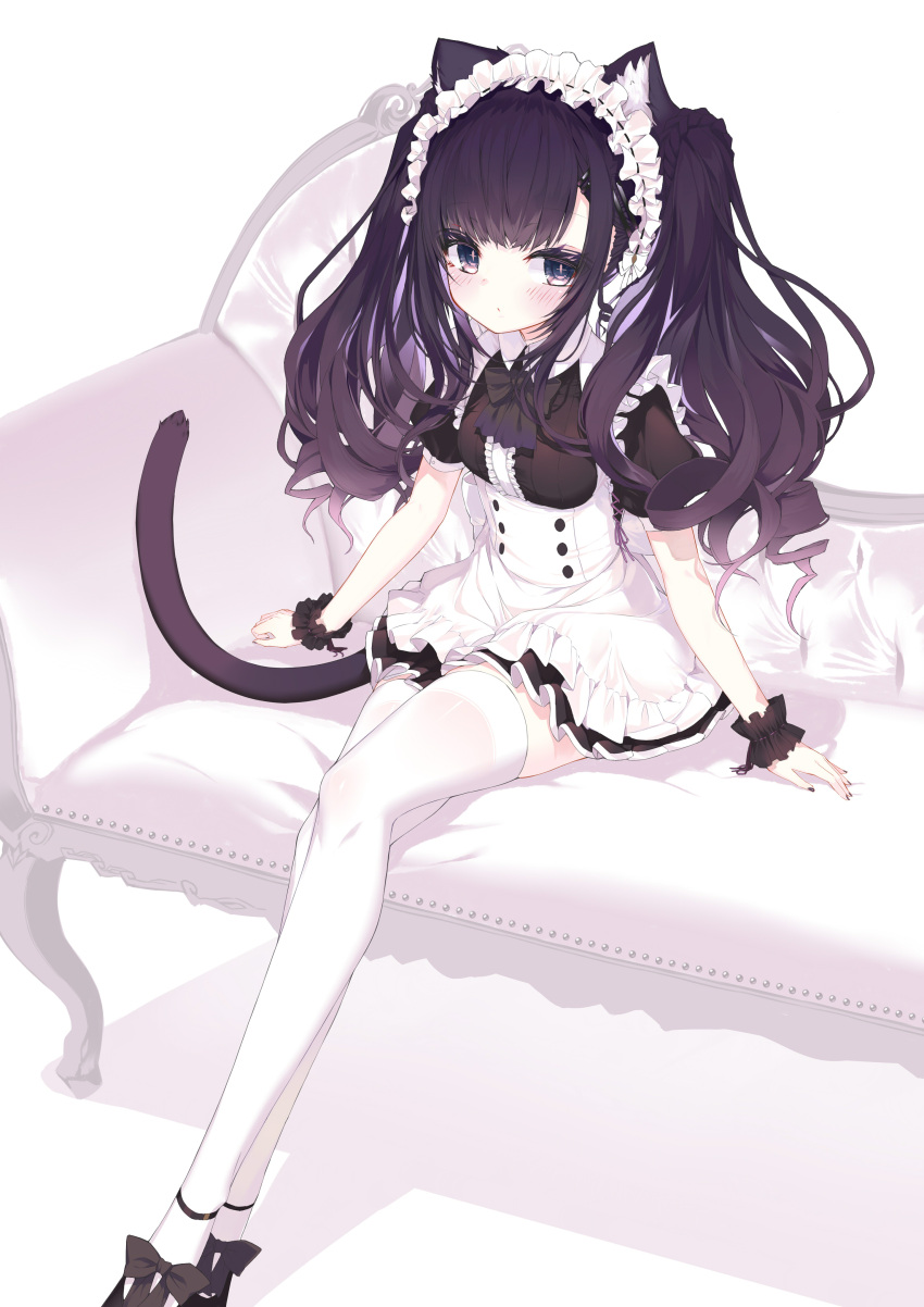 1girl absurdres animal_ear_fluff animal_ears apron bangs black_dress black_eyes black_footwear black_hair blush cat_ears cat_girl cat_tail closed_mouth colored_inner_hair commentary_request couch dress eyebrows_visible_through_hair feet_out_of_frame frilled_apron frills highres looking_at_viewer maid maid_headdress multicolored_hair on_couch original pink_hair puffy_short_sleeves puffy_sleeves shadow shoes short_sleeves sitting tail thighhighs twintails two-tone_hair white_apron white_background white_legwear wrist_cuffs yuui_hutabakirage