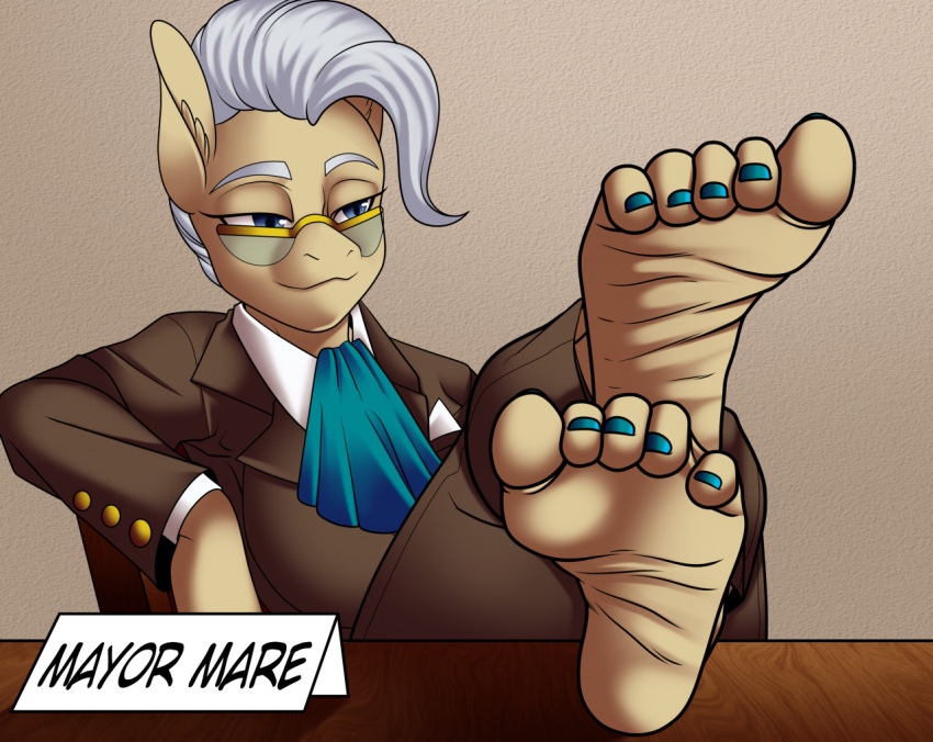 5_toes anthro anthrofied barefoot clothing colored_nails cyborg-steve equid equine eyebrows eyelashes eyewear feet feet_on_table female foot_fetish friendship_is_magic glasses grey_hair hair half-closed_eyes hasbro humanoid_feet mammal mayor_mare_(mlp) my_little_pony nails narrowed_eyes smile thick_eyebrows toenails toes uniform