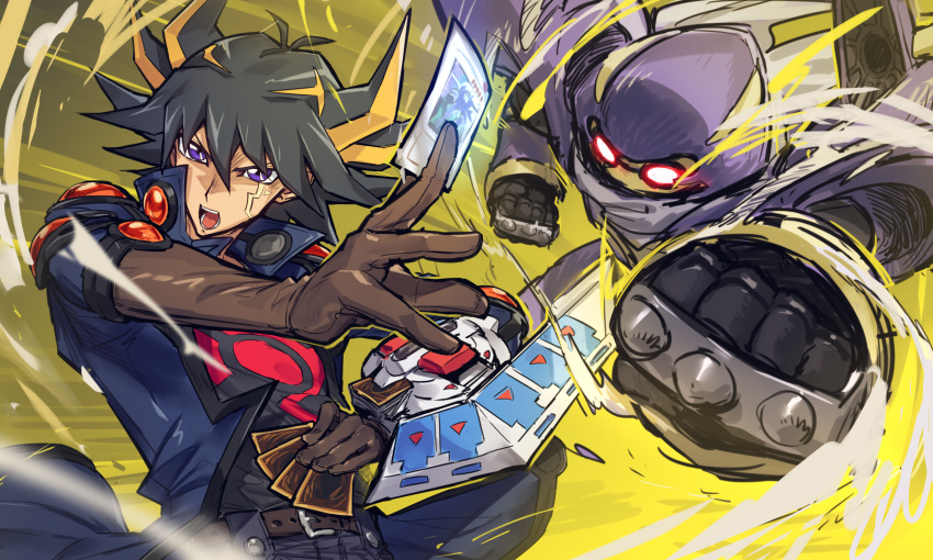 1boy bangs belt black_hair blonde_hair card duel_disk fudou_yuusei gloves highres holding holding_card jacket junk_warrior melon22 monster multicolored_hair open_clothes open_jacket open_mouth purple_eyes yu-gi-oh! yu-gi-oh!_5d's