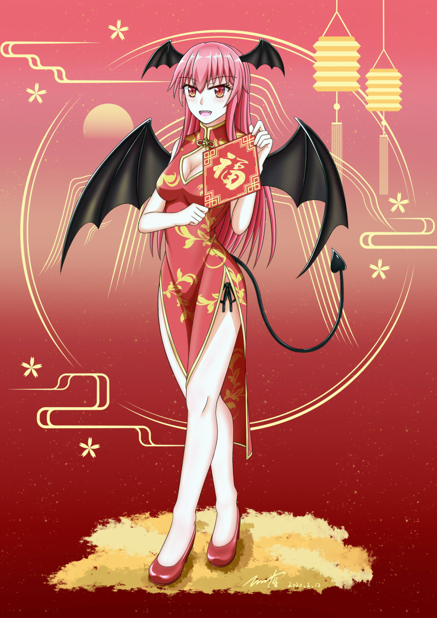 1girl :d absurdres bat_wings blush breasts china_dress chinese_clothes chinese_new_year circle cleavage cleavage_cutout clothing_cutout commentary_request crossed_legs demon_tail dress full_body head_wings high_heels highres holding koakuma lantern long_hair looking_at_viewer medium_breasts nengajou new_year paper_lantern piaoluo_de_ying_huaban red_background red_eyes red_footwear red_hair side_slit smile solo standing sun tail touhou translation_request very_long_hair watson_cross wings
