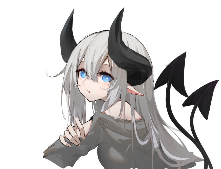 1girl bangs bare_shoulders blue_eyes commentary demon_tail grey_sweater hair_between_eyes highres horns huizhiyin long_hair long_sleeves looking_at_viewer multiple_tails off-shoulder_sweater off_shoulder original parted_lips pointy_ears silver_hair simple_background solo sweater tail two_tails upper_body white_background