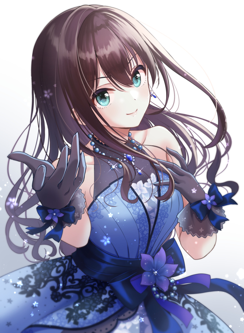 1girl black_gloves black_hair blue_dress blue_sash collarbone dress floral_print foreshortening glint gloves hand_on_own_chest highres idolmaster idolmaster_cinderella_girls idolmaster_cinderella_girls_starlight_stage jewelry long_hair looking_at_viewer necocafe_lili print_dress reaching_out ribbon sash shibuya_rin simple_background sleeveless sleeveless_dress smile solo wavy_hair white_background wrist_ribbon