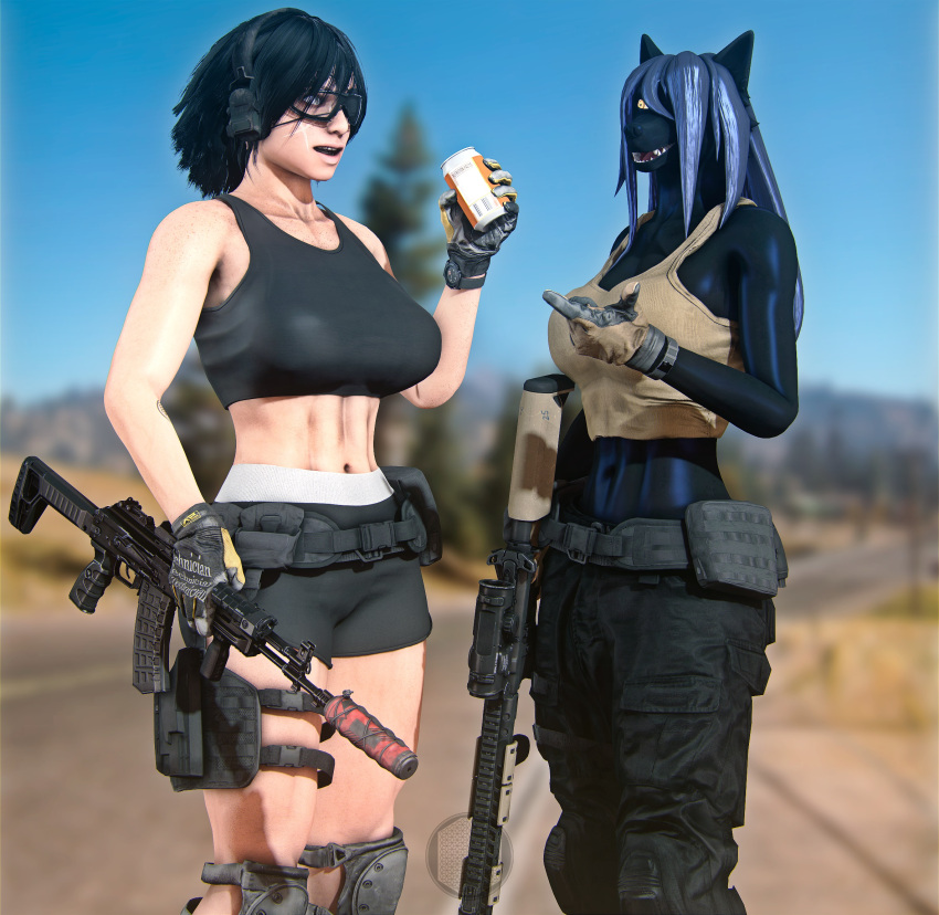 3d_(artwork) abs ak15 ak400 anthro assault_rifle beverage_can black_body black_fur blue_hair canid canine canis clothing digital_media_(artwork) duo eye_patch eyewear fan_character female female/female field forest forest_background fur gloves gun hair handwear hi_res human jacky_(ludexus) knee_pads lexas_(ludexus) long_hair ludexus mammal military_clothing mk18 muscular muscular_anthro muscular_female nature nature_background plant ranged_weapon rifle source_filmmaker sportswear tree weapon white_body white_skin wolf yellow_eyes