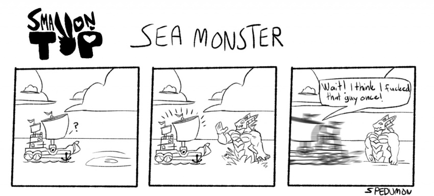 comic dialogue dragon gesture humor male muscular muscular_male sea_monster ship small_on_top spedumon vehicle watercraft waving