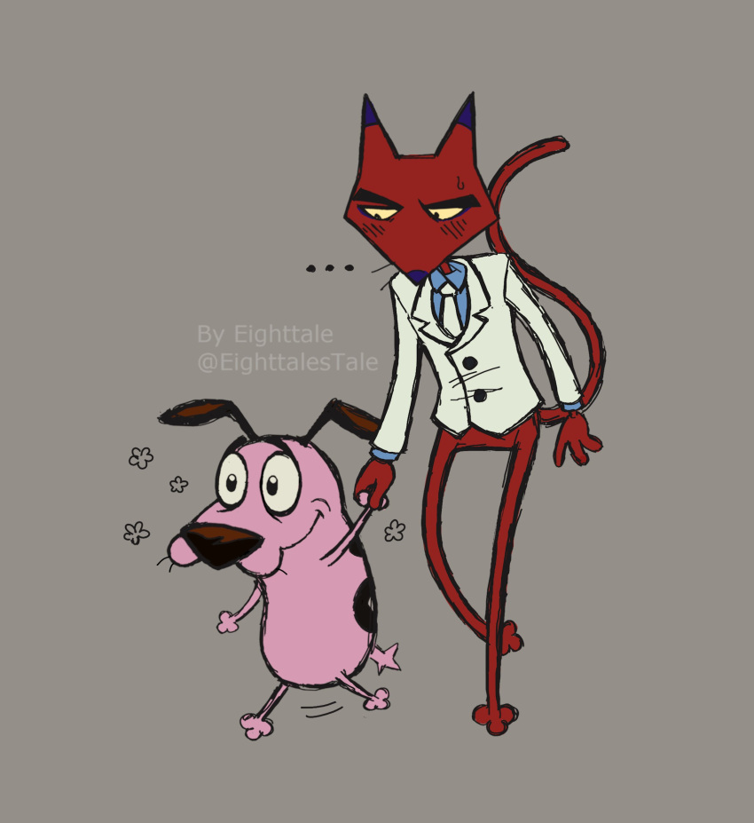 absurd_res anthro black_eyes black_tie_(suit) blush blush_lines bodily_fluids canid canine canis cartoon_network clothed clothing courage_the_cowardly_dog courage_the_cowardly_dog_(character) domestic_cat domestic_dog duo eighttale embarrassed eyebrows felid feline felis flower grey_background hand_holding happy hi_res interspecies katz_(courage_the_cowardly_dog) looking_at_another love male male/male mammal necktie oblivious partially_clothed plant shy simple_background size_difference smile suit sweat sweatdrop thick_eyebrows walking