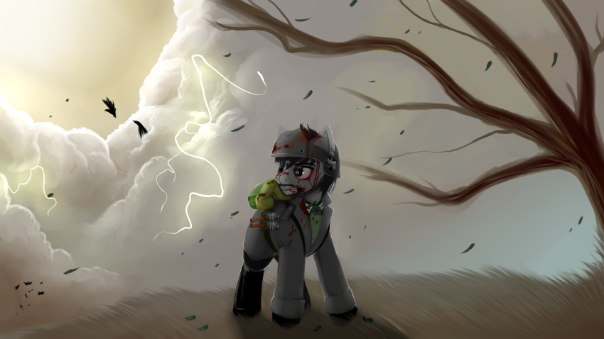 armor avian bird boots clothing detailed_background equid equine feral footwear ghoul_(fallout) headgear helmet hi_res horse lightning male mammal moonrunes plant pony solo storm tree world_war_2 ych_result