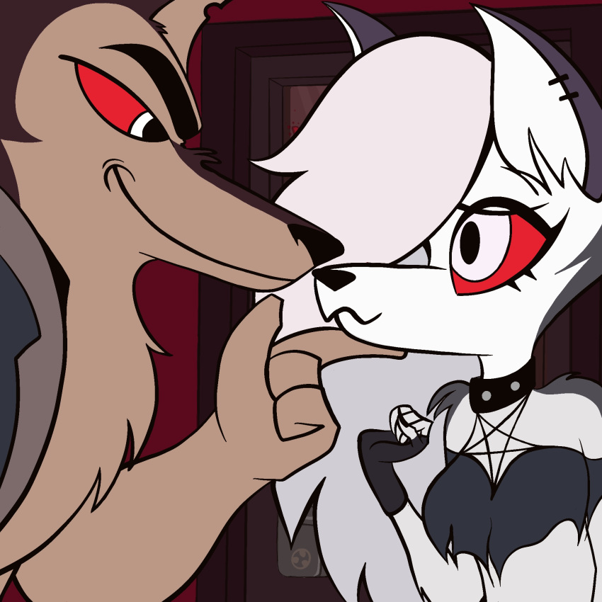 anthro anthrofurry bodily_fluids boss canid canid_demon canine canis clothed clothing demon duo fanart_helluva_boss female hellhound helluva helluva_boss hi_res hotel_hazbin immediate killing loona_(helluva_boss) male mammal piercing shady_girl wolf