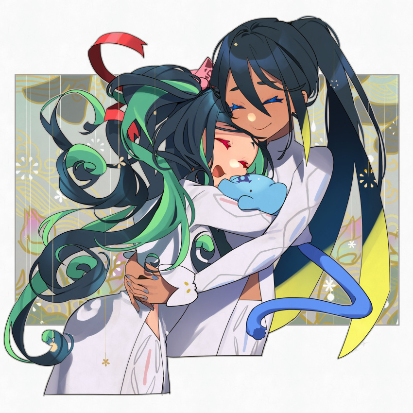 2girls ^_^ absurdres back black_hair black_skin blue_nails closed_eyes colored_skin commentary_request dark-skinned_female dark_skin elephant eyeliner fate/grand_order fate_(series) green_eyes green_hair hair_between_eyes hat highres hug long_hair long_sleeves makeup multicolored_hair multiple_girls nakayoshi_saber open_mouth ponytail siblings sidelocks sisters smile streaked_hair tia_(cocorosso) trung_nhi_(fate) trung_sisters trung_trac_(fate) tsurime upper_body vietnam vietnamese_dress wavy_hair white_headwear yellow_eyes