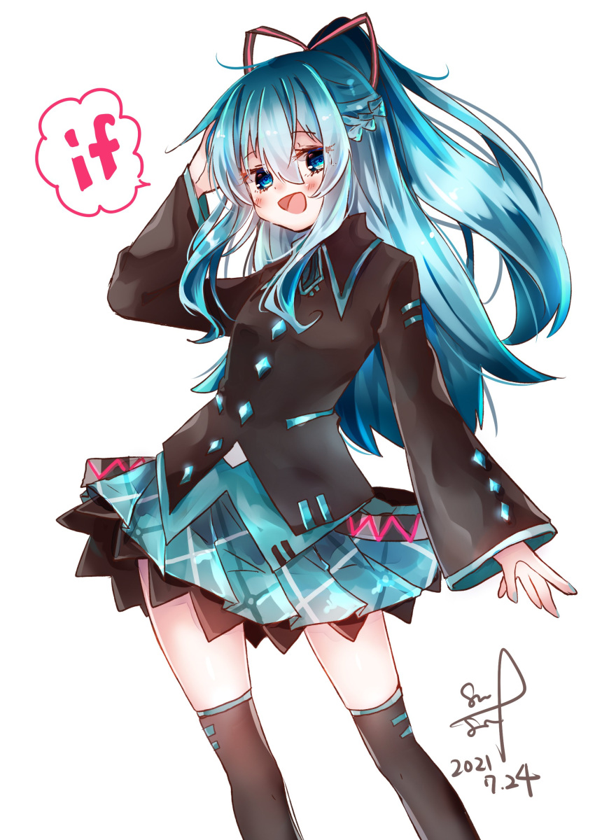 1girl absurdres aqua_eyes aqua_hair aqua_skirt black_legwear black_shirt blush braid commentary contrapposto cowboy_shot dated french_braid hair_ribbon hand_on_head hand_up hatsune_miku hatsune_miku_(if) highres long_hair looking_at_viewer miniskirt open_mouth plaid plaid_skirt pleated_skirt ponytail ribbon shimashiro_itsuki shirt signature skindentation skirt smile solo speech_bubble standing thighhighs vocaloid white_background