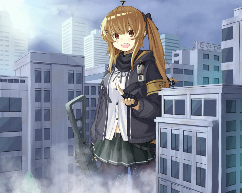 3girls absurdres bangs belt black_belt black_jacket black_legwear brown_eyes brown_hair building city commission dress_shirt giant giantess girls'_frontline green_skirt gun h&amp;k_ump9 hair_ornament hairclip highres holding holding_gun holding_weapon index_finger_raised jacket long_hair midriff_peek miniskirt multiple_girls multiple_persona numazume open_clothes open_jacket open_mouth pantyhose pleated_skirt scar scar_across_eye second-party_source shirt skirt smile submachine_gun trigger_discipline ump9_(girls'_frontline) weapon white_shirt