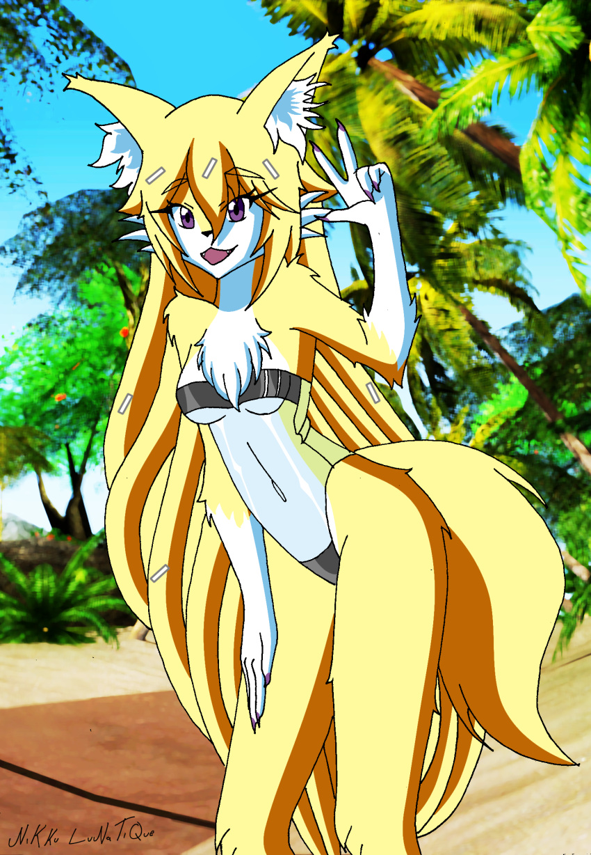 anthro beach blonde_hair canid canine canis claws clothed clothing dandruff fangs female fox fur gesture gloves_(marking) gris_swimsuit hair hi_res inner_ear_fluff long_hair looking_at_viewer mammal markings meme meme_clothing navel nikku_lunatique one-piece_swimsuit ouko palm_tree plant purple_claws purple_eyes sand seaside solo standing swimwear translucent translucent_clothing translucent_swimwear tree tuft v_sign water white_body white_fur yellow_body yellow_fur
