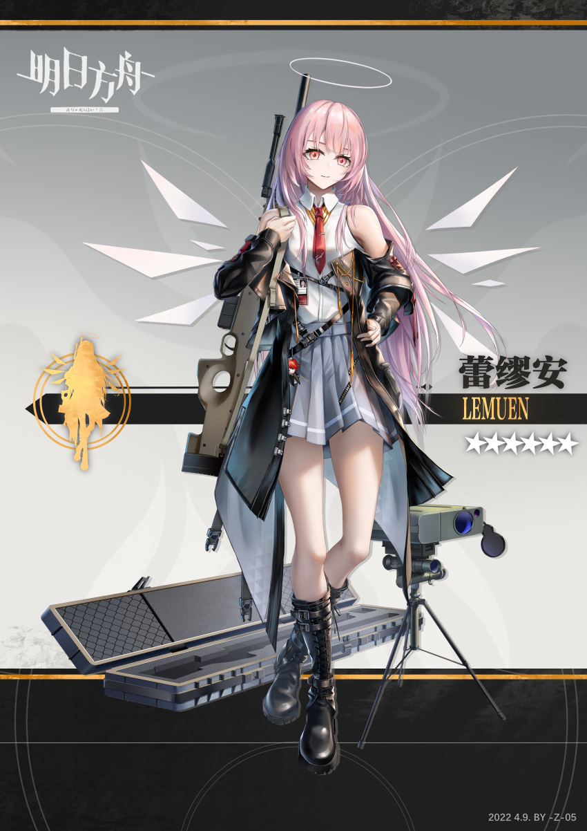 1girl absurdres arknights artist_name bare_shoulders black_coat black_footwear boots character_doll character_name chinese_commentary closed_mouth coat collared_shirt commentary_request dated detached_wings energy_wings exusiai_(arknights) full_body gradient gradient_background grey_background grey_skirt gun halo highres knee_boots lemuen_(arknights) long_hair long_sleeves looking_at_viewer miniskirt necktie open_clothes open_coat pink_hair pleated_skirt red_eyes red_necktie rifle shirt skirt smile sniper_rifle solo standing star_(symbol) very_long_hair weapon weapon_case white_shirt wings z_05