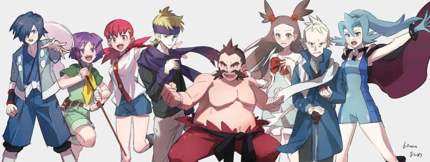 3girls 5boys absurdres bangs belt belt_buckle belt_pouch black_belt black_sweater black_wristband blonde_hair blue_eyes blue_hair blue_kimono bodysuit brown_belt brown_hair buckle bugsy_(pokemon) butterfly_net buttons cane cape chuck_(pokemon) clair_(pokemon) clenched_hands coat collared_shirt commentary_request dress facial_hair falkner_(pokemon) fighting_stance gloves green_dress green_shirt green_shorts hair_bobbles hair_ornament hair_over_one_eye hairclip hand_net headband highres holding holding_butterfly_net holding_cane holding_poke_ball jacket japanese_clothes jasmine_(pokemon) kimono kneehighs leg_up long_hair long_sleeves looking_at_viewer maumaujanken morty_(pokemon) multiple_boys multiple_girls mustache neckerchief open_clothes open_jacket outstretched_hand pants pink_hair poke_ball pokemon pokemon_(game) pokemon_hgss ponytail pouch pryce_(pokemon) purple_eyes purple_hair purple_headband purple_scarf red_pants sash scarf shirt short_hair short_sleeves shorts simple_background sweater topless_male two_side_up white_background white_jacket white_legwear whitney_(pokemon) wristband yellow_neckerchief