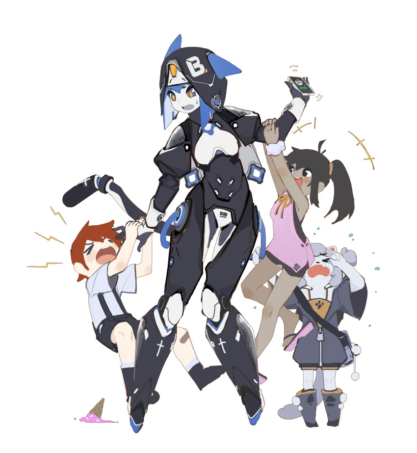 &gt;_&lt; 1boy 3girls absurdres android animal_ears black_eyes black_hair blue_eyes blue_hair brown_hair cellphone child clinging closed_eyes colored_skin cross crying dark-skinned_female dark_skin dress fang food full_body furry habit highres ice_cream ice_cream_cone ice_cream_cone_spill joints multiple_girls nun open_mouth original phone pink_dress pushu_0w0 robot_joints sandals screaming skin_fang smartphone standing suspenders sweatdrop symbol-only_commentary tail teeth upper_teeth white_background white_skin yellow_pupils