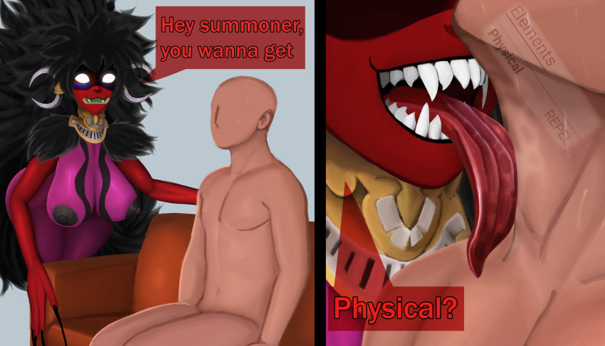 anthro atlus big_breasts big_hair black_hair black_nipples bodily_fluids breasts coffeewithdicks demon dialogue duo ear_piercing ear_ring empty_eyes english_text female fluffy fluffy_hair furniture glowing glowing_eyes hair hi_res human human_on_demon humanoid jewelry licking male mammal markings megami_tensei megami_tensei_persona mythology neck_lick nipples open_mouth piercing pink_body pink_skin rangda_(megami_tensei) saliva saliva_on_neck saliva_on_tongue sharp_teeth simple_background sofa speech_bubble teeth text tongue tongue_out video_games white_eyes