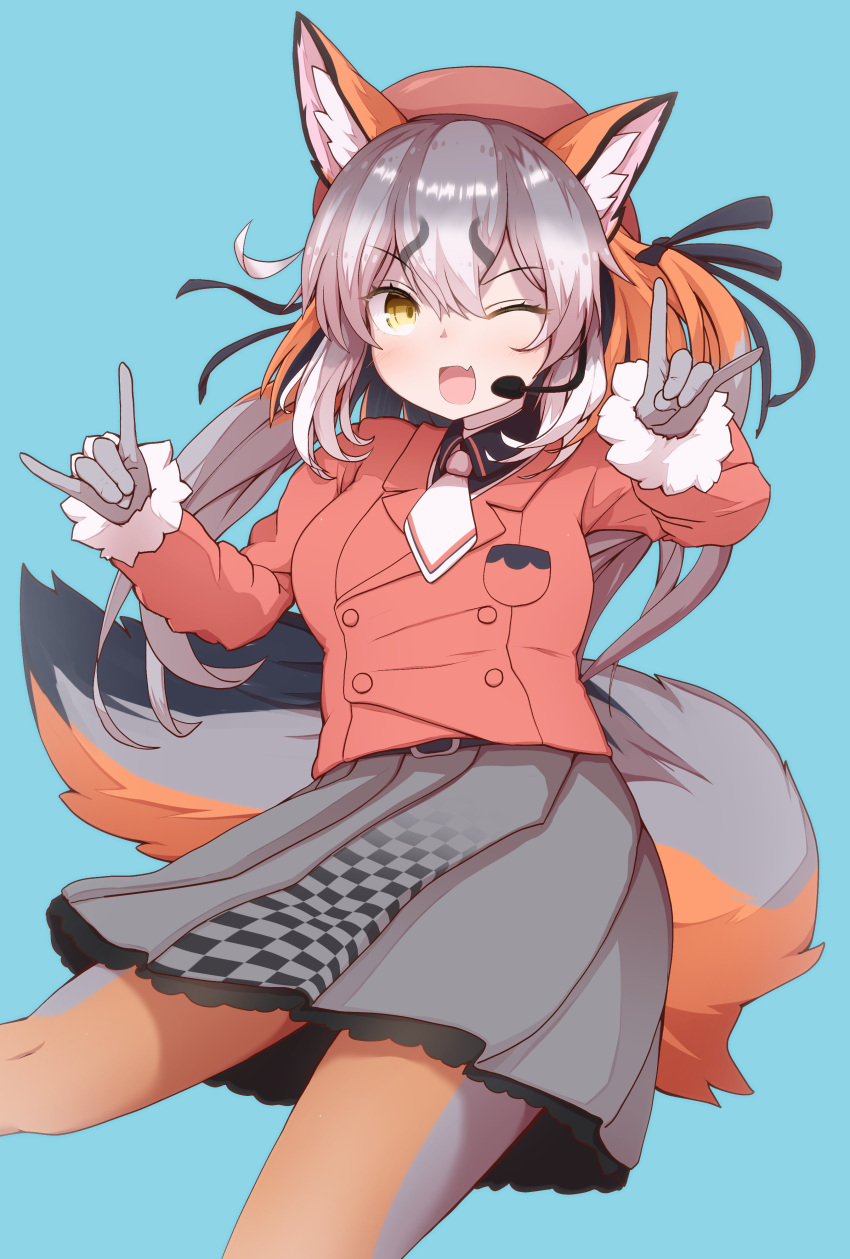 1girl absurdres animal_ears beret black_shirt collared_shirt cowboy_shot eyebrows_visible_through_hair fox_ears fox_girl fox_shadow_puppet fox_tail fur_trim gloves grey_gloves grey_hair grey_legwear grey_skirt hat highres island_fox_(kemono_friends) jacket karekusa_meronu kemono_friends kemono_friends_v_project long_sleeves microphone multicolored_hair necktie one_eye_closed orange_hair orange_jacket orange_legwear pantyhose pink_headwear pleated_skirt shirt skirt solo tail twintails two-tone_hair two-tone_legwear virtual_youtuber white_fur white_necktie yellow_eyes