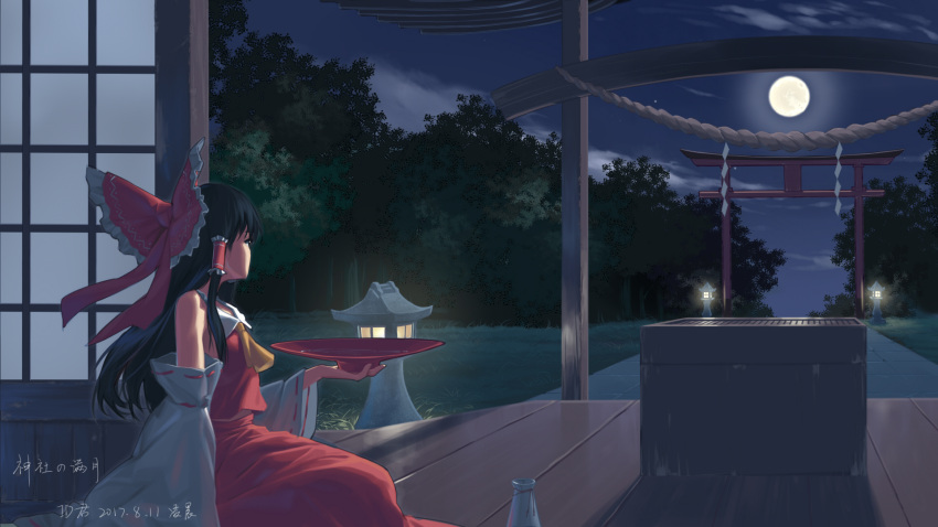 1girl ascot bare_shoulders black_hair bottle bow box cloud collared_shirt commentary cowboy_shot cup detached_sleeves donation_box facial_hair forest frilled_bow frilled_hair_tubes frills full_moon hair_bow hair_tubes hakurei_reimu highres holding holding_cup id_kun leaf long_hair moon nature night night_sky red_bow red_skirt ribbon-trimmed_sleeves ribbon_trim sakazuki sake_bottle shirt sitting skirt skirt_set sky solo star_(sky) stone_lantern torii touhou translation_request tree veranda white_sleeves wide_sleeves yellow_ascot