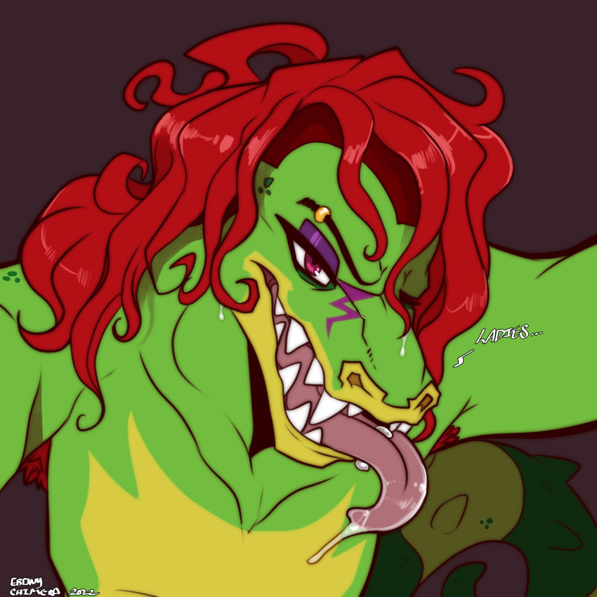 alligator alligatorid anthro bodily_fluids conditional_dnp crocodilian curled_hair ebonychimera five_nights_at_freddy's five_nights_at_freddy's:_security_breach hair hi_res long_hair makeup male montgomery_gator_(fnaf) piercing red_hair reptile saliva scalie scottgames smile solo teeth teeth_showing tongue tongue_out video_games