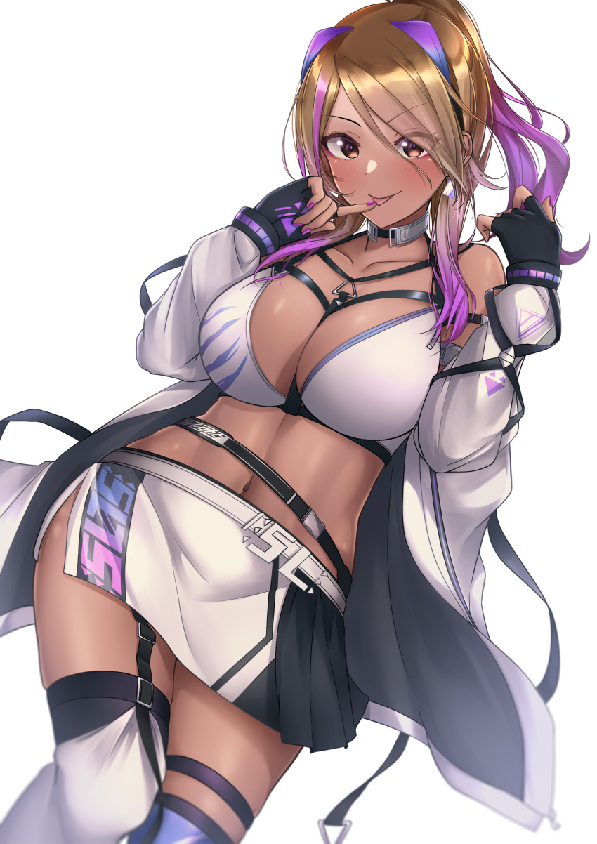 1girl :p absurdres bare_shoulders between_breasts black_gloves blush breasts brown_eyes brown_hair cleavage closed_mouth collarbone cowboy_shot dark-skinned_female dark_skin earrings eyes_visible_through_hair fingerless_gloves garter_straps gloves gradient_hair grey_choker grey_jacket hair_over_one_eye highres idolmaster idolmaster_shiny_colors izumi_mei jacket jewelry large_breasts long_hair long_sleeves looking_at_viewer miniskirt mr2d multicolored_hair nail_polish navel open_clothes open_jacket ponytail purple_hair purple_nails sidelocks simple_background skirt smile solo sports_bra thighhighs tongue tongue_out white_background white_legwear white_skirt zettai_ryouiki