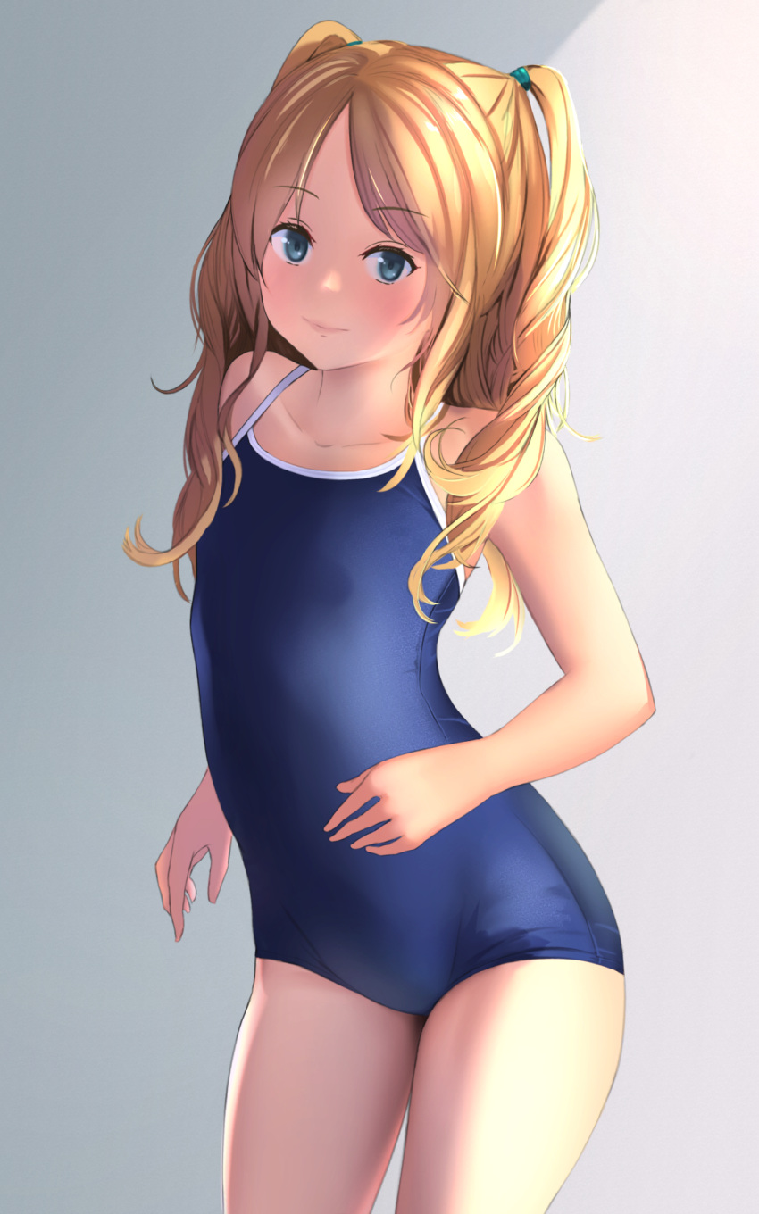1girl blonde_hair blue_eyes blue_swimsuit breasts eyebrows eyebrows_visible_through_hair grey_background highres long_hair looking_at_viewer one-piece_swimsuit original school_swimsuit simple_background small_breasts smile solo swimsuit thighs two_side_up yubata