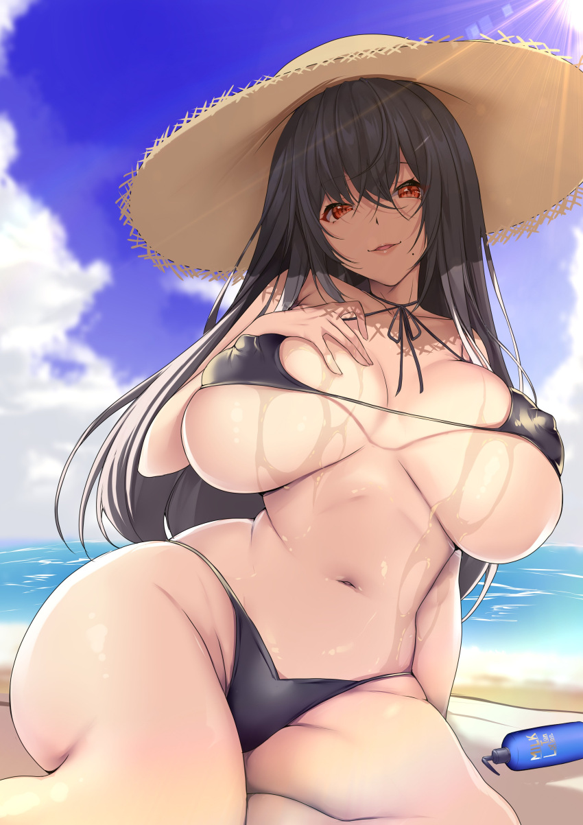 1girl absurdres bare_arms bare_shoulders beach beach_towel bikini black_bikini black_hair blue_sky bow breasts covered_nipples day hair_bow hat highres horizon huge_breasts k_liss_s light_smile looking_at_viewer lotion lotion_bottle mole mole_under_mouth navel ocean original outdoors parted_lips red_eyes sitting sky solo straw_hat string_bikini summer swimsuit towel