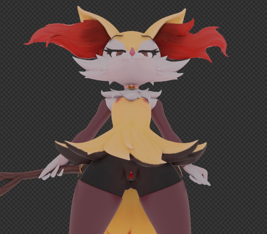 3d_(artwork) anthro blender_(disambiguation) braixen clothing collar digital_media_(artwork) dominant dominant_female female flat_chested hi_res inner_ear_fluff legwear nintendo pok&eacute;mon pok&eacute;mon_(species) simple_background sleeves smug sneakyphox solo stick stockings tuft video_games