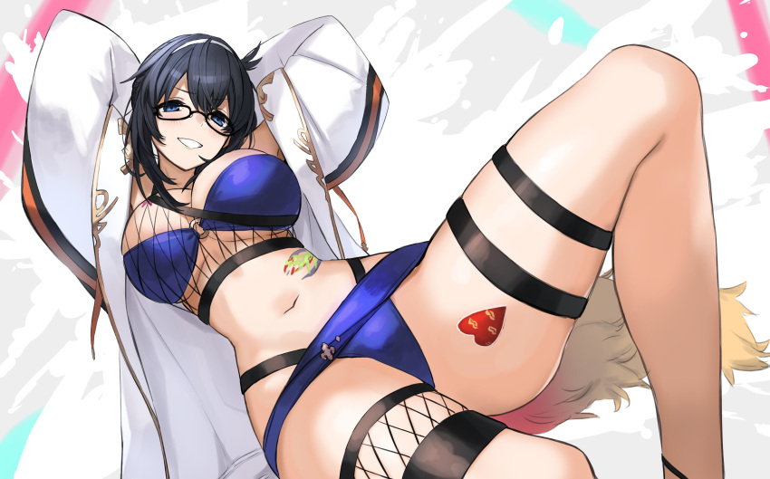 1girl absurdres arms_behind_head bikini black_hair blue_bikini blue_eyes breasts fake_tail ganesagi glasses granblue_fantasy hairband highres illnott jacket jacket_over_swimsuit large_breasts navel o-ring o-ring_bikini swimsuit tail thigh_strap thighs white_jacket