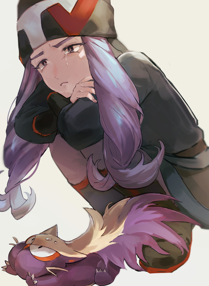 1boy black_jacket boots closed_mouth crossed_arms crying frown highres jacket long_hair long_sleeves male_focus maumaujanken melli_(pokemon) pantyhose pokemon pokemon_(creature) pokemon_(game) pokemon_legends:_arceus purple_hair sad simple_background skirt squatting stunky tears white_background