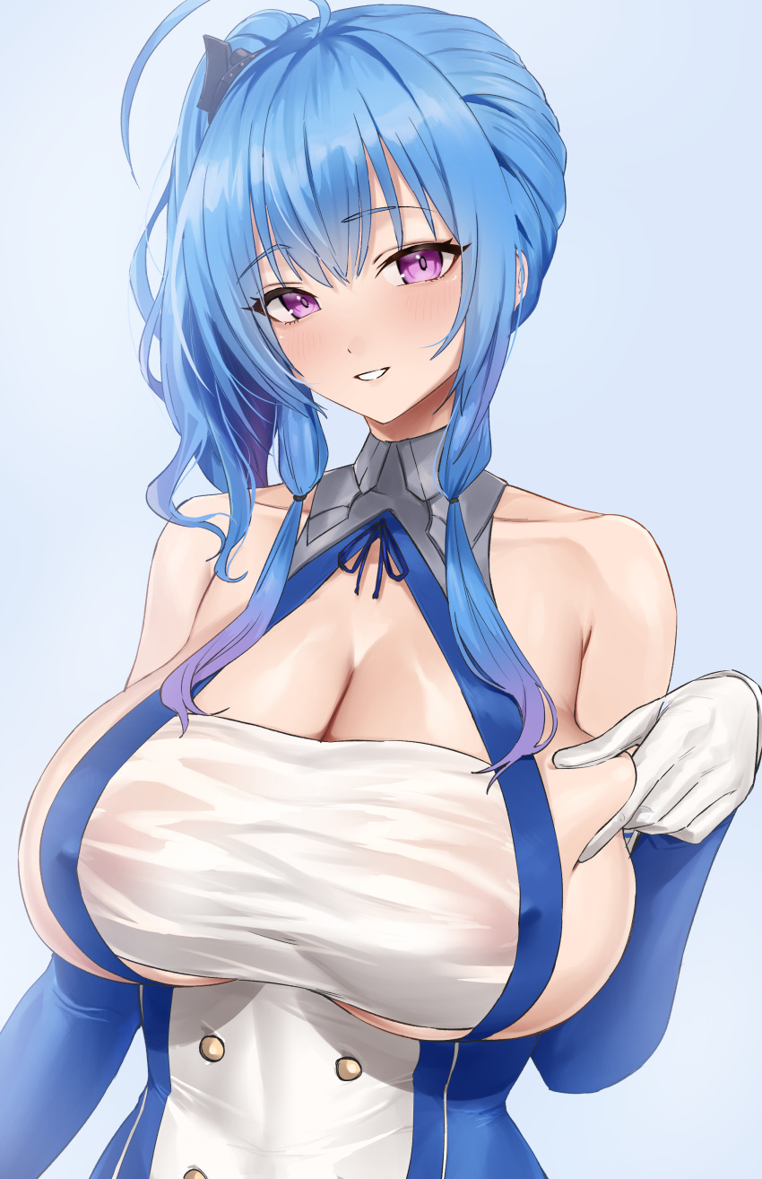 1girl absurdres azur_lane bangs bare_shoulders blue_dress blue_gloves blue_hair blush breasts buttons cleavage commentary_request covered_nipples double-breasted dress elbow_gloves gloves grin hair_ornament highres hotate-chan large_breasts long_hair looking_at_viewer purple_eyes side_ponytail sideboob sidelocks smile solo st._louis_(azur_lane) taut_clothes taut_dress two-tone_dress two-tone_gloves white_dress white_gloves