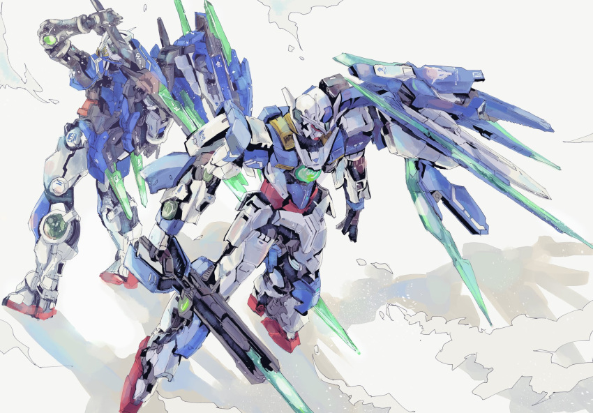 00_qan[t] aqua_eyes back-to-back commentary dust_cloud from_behind gundam gundam_00 gundam_00_a_wakening_of_the_trailblazer gundam_00_festival_10_"re:vision" gundam_exia_repair_iv highres holding holding_sword holding_weapon joints kare_(0621utak) mecha mobile_suit no_humans open_hand robot_joints science_fiction shadow simple_background sword v-fin weapon weapon_on_back white_background