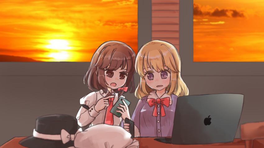 2girls blonde_hair bow bowtie brown_eyes brown_hair cellphone computer dawn desk fedora hat hat_removed headwear_removed highres indoors laptop looking_at_phone maribel_hearn mob_cap multiple_girls necktie phone purple_eyes salt_(seasoning) shirt smartphone touhou usami_renko white_shirt window