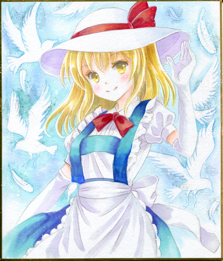 1girl alternate_hair_length alternate_hairstyle apron back_bow bird blonde_hair blue_skirt bow commentary_request dove dress dutch_angle elbow_gloves eyelashes frilled_apron frilled_gloves frills gloves hajike_akira happy hat hat_bow highres kana_anaberal long_hair outdoors photo_(medium) puffy_short_sleeves puffy_sleeves red_bow ribbon shirt short_sleeves skirt sun_hat touhou touhou_(pc-98) traditional_media upper_body white_bird white_feathers white_gloves white_headwear white_shirt yellow_eyes