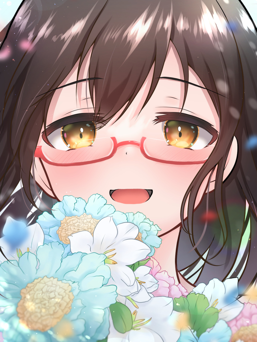 1girl :d blurry blurry_foreground blush bokeh brown_hair depth_of_field eyebrows_visible_through_hair face flower highres hutomashi_take idolmaster idolmaster_cinderella_girls kamijou_haruna looking_at_viewer red-framed_eyewear semi-rimless_eyewear smile solo yellow_eyes